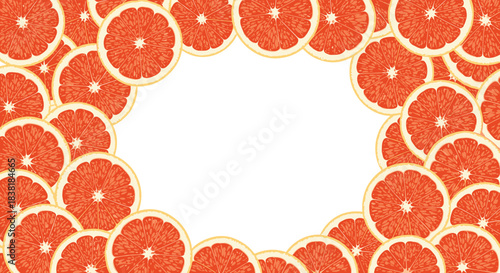 Bright and refreshing frame of pink grapefruit slices with a clean white background, ideal for summer themes, healthy content, or product display.