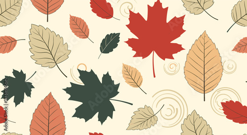 A vibrant seamless pattern featuring various autumn leaves in warm and earthy tones, scattered with subtle decorative swirls, ideal for seasonal designs.