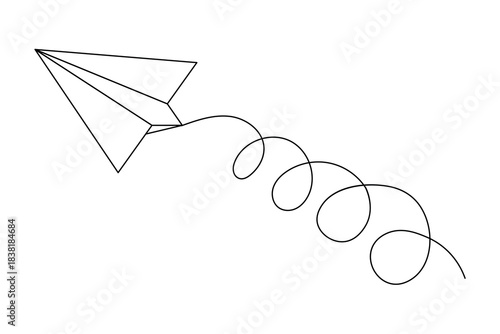 Abstract paper airplane continuous one line art sketch minimal concept on white background