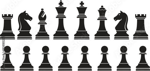 Full set of elegant black chess pieces including rook knight bishop king queen and pawn silhouettes in two rows