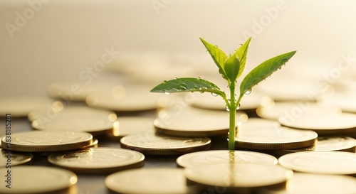 Successful financial investment and business profit. Wealth creation and monetary gains. Small green plant with water droplets growing from a surface covered in golden coins.
