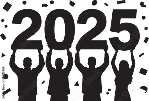 Four people silhouettes holding up 2025 numbers confetti