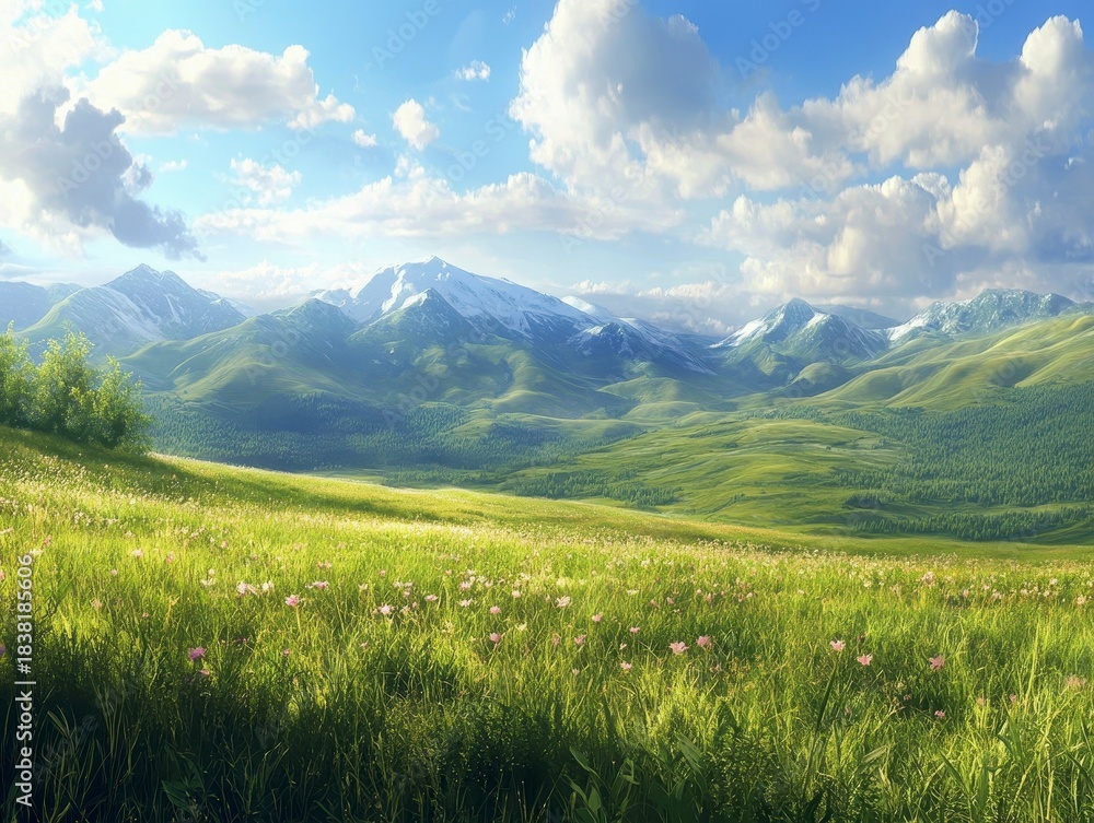 Fototapeta premium Serene Mountain Landscape with Lush Green Fields and Blue Sky