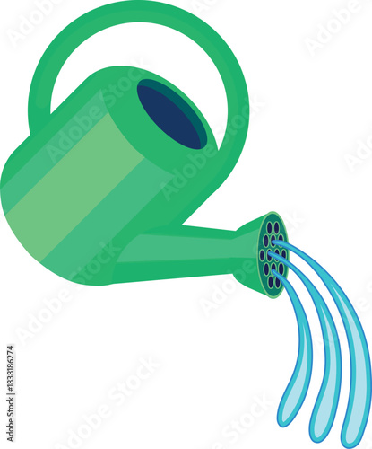 Green watering can with pouring water isolated on white background	