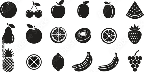 Modern minimalist black silhouette fruit icons depicting various common healthy food items for design projects