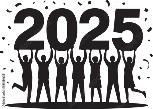 Silhouettes of people holding up the year 2025 with confetti