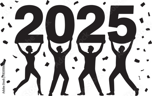 Silhouettes of people holding up the year 2025 with confetti
