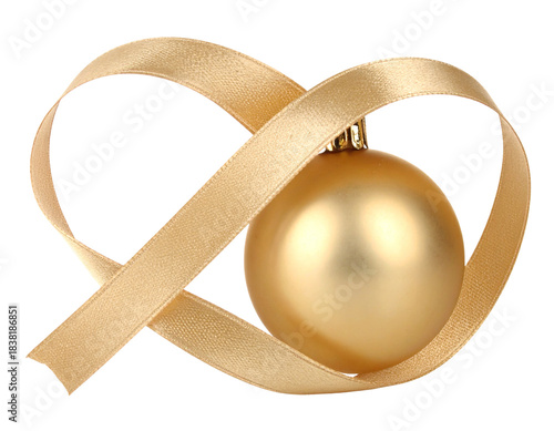  Single Matte Gold Christmas Ornament with Flowing Metallic Ribbon Curl, Minimalist Composition, Isolated,And transparent the background.