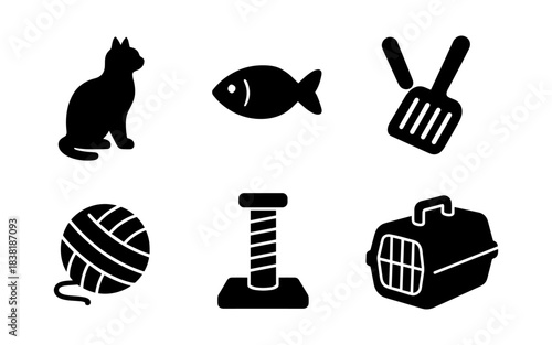 Black cat silhouette with cat accessories icons on white background
