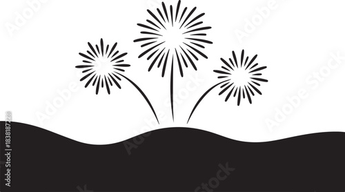 Three black fireworks exploding over wavy ground explosion