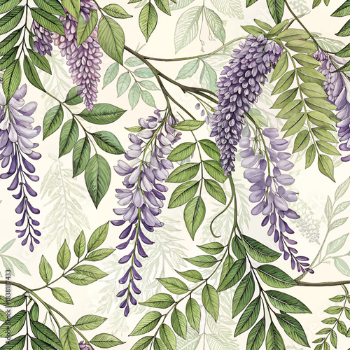 Seamless digital pattern vector illustration. Fresh purple wisteria flowers with green leaves. For printing on fabric or wallpaper or curtains or tiles.