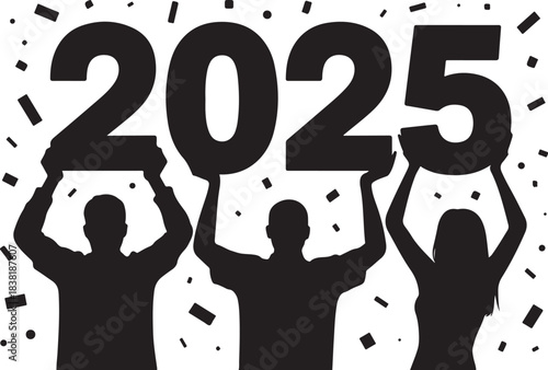 Three people holding up large numbers 2025 with confetti