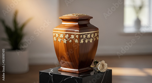 Elegant wooden cremation urn, adorned with intricate golden details and delicate white rose. Cremation urn rests gracefully on dark marble pedestal, bathed in soft natural light,