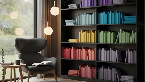 Modern Interior Design with a Colorful Bookshelf and Cozy Armchair