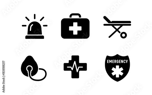 Emergency medical icons set in black and white style