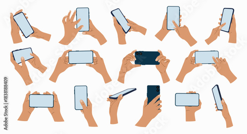 Set of hands with mobile phones in various positions. People using smartphone, scrolling, tapping, touching fingers, taking photos. Hand drawn vector illustration, modern flat cartoon style.