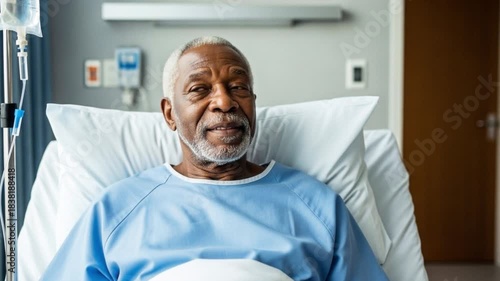 Elderly man waiting for medication in hospital bed, patient care and medical treatment