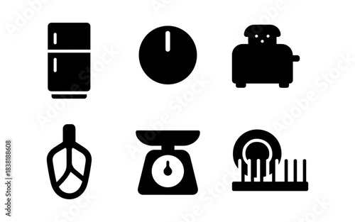 Kitchen appliance icons in a minimalist black and white style