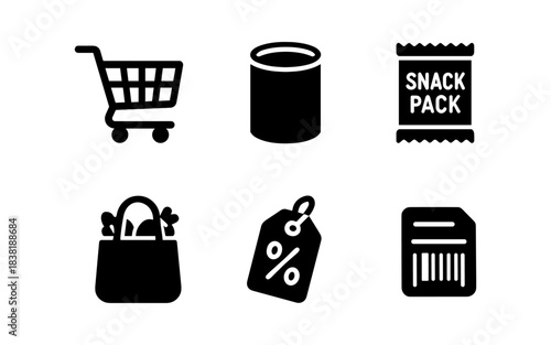 Shopping icons: shopping cart, canned food, snack pack, shopping bag, price tag, barcode