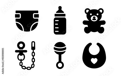 Black and white baby icons set on a white background