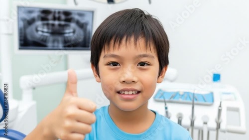 Happy child at dentist smiling with thumbs up in dental clinic, dental care and pediatric healthcare