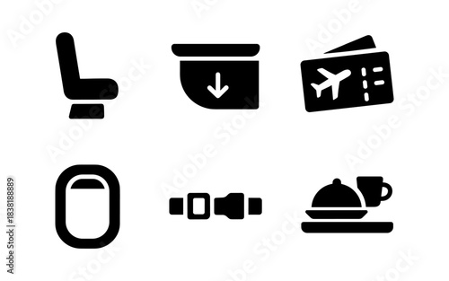 Airplane travel icons: seat, tray table, ticket, window, seatbelt, and meal