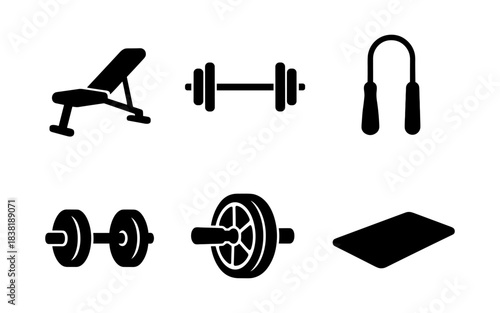 Gym equipment icons in black and white, perfect for fitness and workout concepts