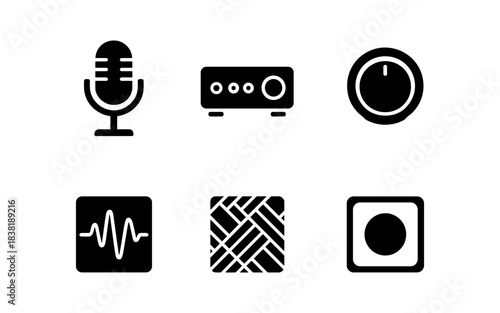 Set of black icons representing audio, sound, and interface elements