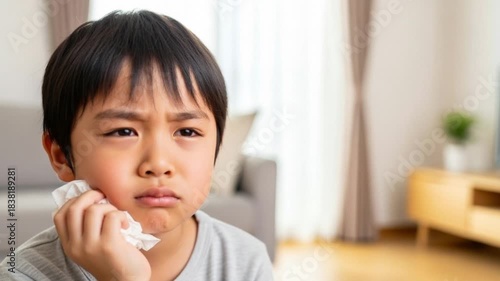 Sick child at home with tissue, illness and health care in domestic environment