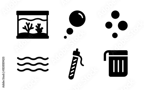 Aquarium icons set in black and white, perfect for various design projects