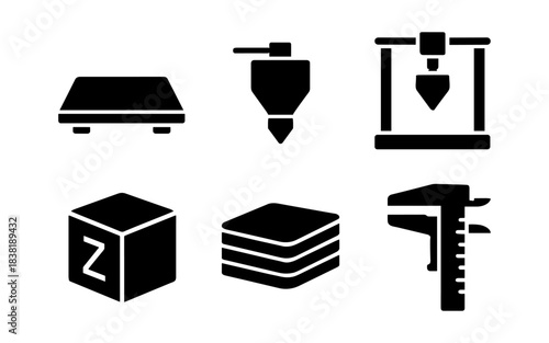 3D printing and manufacturing icons in a clean, modern, flat style