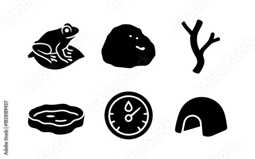 Black and white terrarium elements and frog icon set