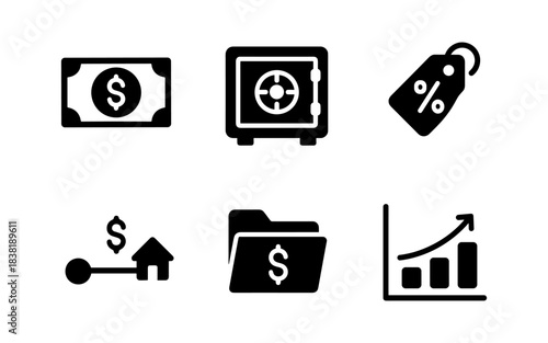 Financial icons representing money, savings, investments, and growth