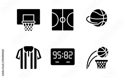 Basketball icons set: court, ball, hoop, referee shirt, and scoreboard