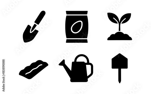Gardening tools and elements in silhouette style on a white background
