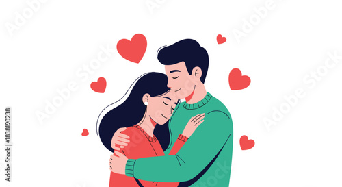 A loving couple embraces affectionately, surrounded by floating red hearts, symbolizing romance and deep connection in a minimalist illustration style.