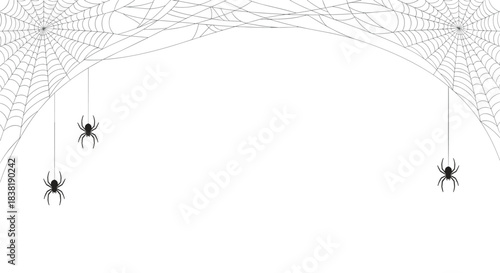 Spooky Halloween spider webs and hanging black spiders create a minimalist and eerie border design on a clean white background.