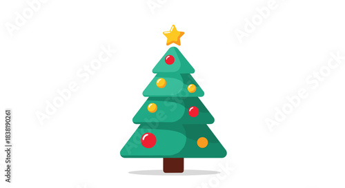 A beautifully decorated flat design Christmas tree with a star and colorful ornaments stands ready for the holiday season.