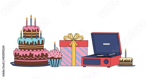 A colorful birthday celebration setup with a large tiered cake, cupcake, gift, record player, and cake slice, adorned with candles.