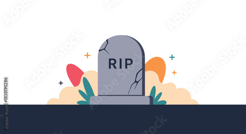 Flat cartoon illustration of a cracked gravestone with 'RIP' text, surrounded by abstract shapes and plants.