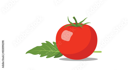 A vibrant red ripe tomato with a green leaf and subtle shadow, presented as a minimalist illustration on a clean white background.