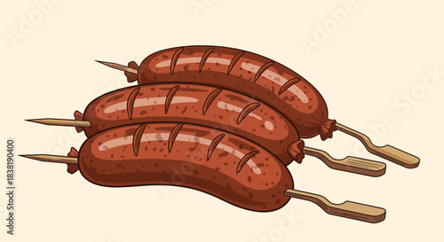 Three delicious, perfectly grilled sausages on wooden skewers, ready to be served as a savory meal or snack, set against a simple background.