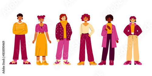 Diverse group of stylized women standing in colorful and fashionable outfits