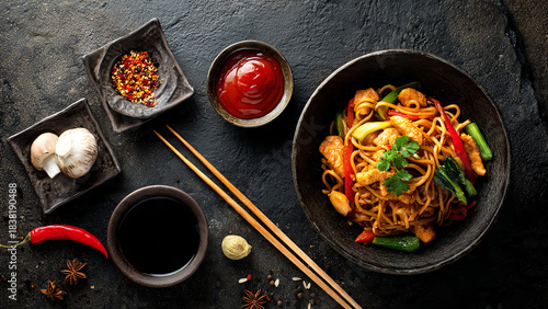 asian food cooking wok with noodles chicken