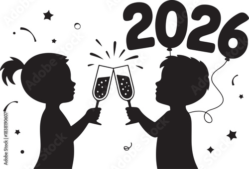 Two children toasting with champagne glasses celebrating 2026