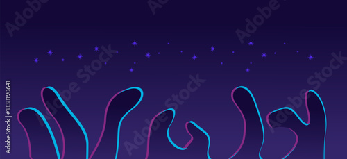 Vibrant abstract background with glowing purple stars above modern blue and magenta wavy lines, creating a fluid cosmic digital art illustration.