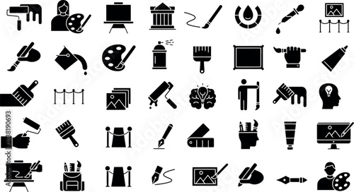 Collection of black silhouette icons representing various art supplies and creative tools