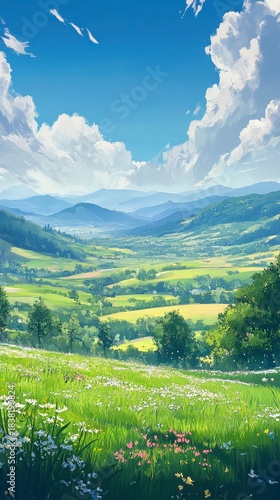 Serene Meadow Landscape Under Blue Sky with Lush Green Hills