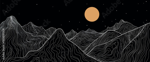 Golden Mountain Line Art Luxury Landscape Wallpaper Vector