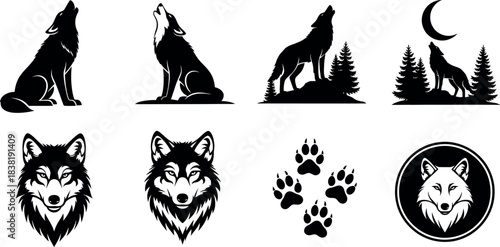 Collection of black silhouette wolf designs with moon phases and forest elements
